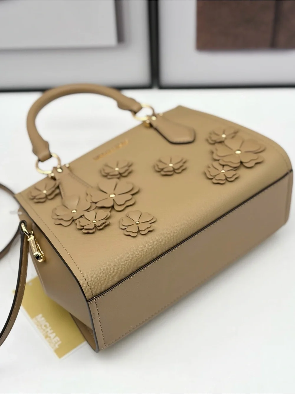 MICHAEL KORS Marilyn Small Floral Embellished Satchel Crossbody Bag Camel NWT